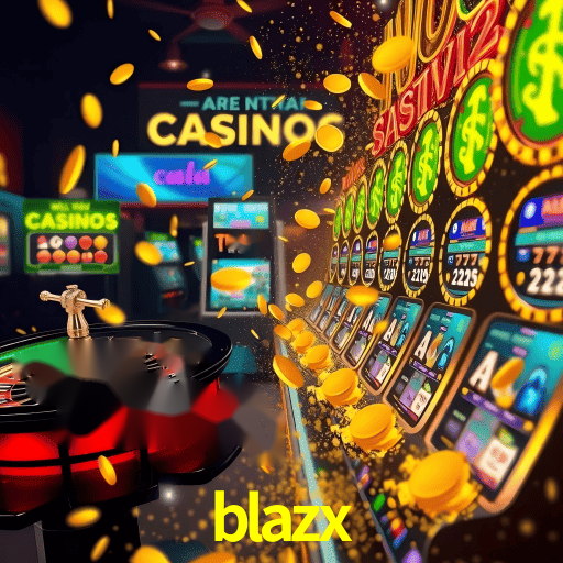 Escena dinámica inspirada en casino con iluminación blazx, cartas, fichas e íconos de juegos digitales en un espacio moderno de juegos.