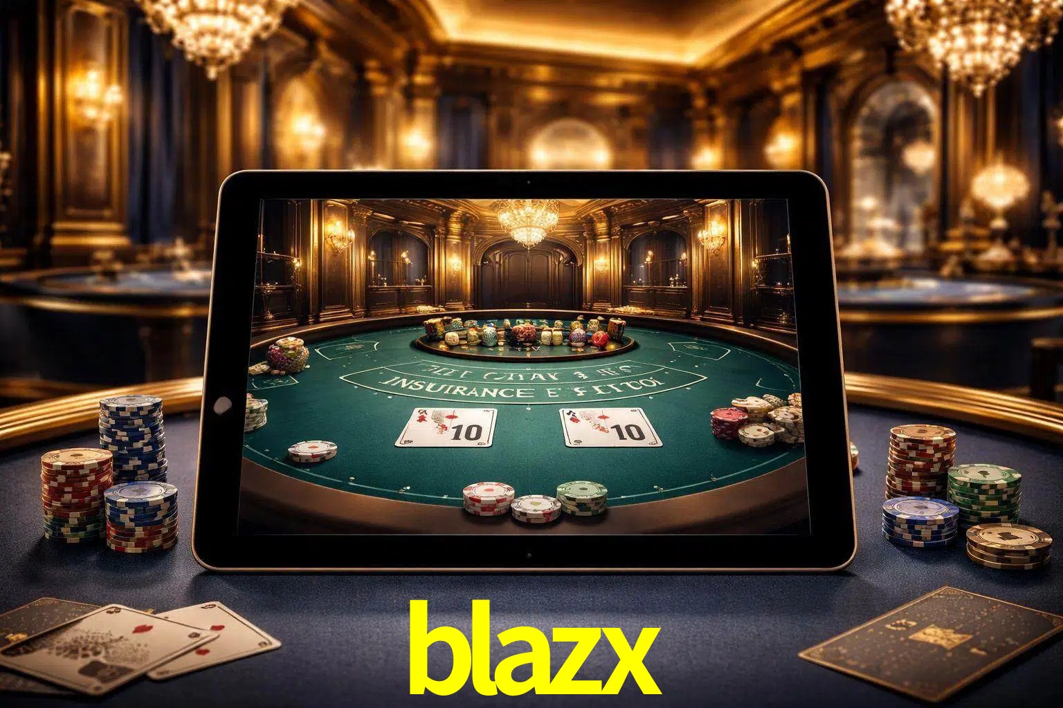 Configuración moderna de casino en vivo con una tableta mostrando una mesa de blackjack, luces cálidas de estudio y una atmósfera elegante de juegos digitales.