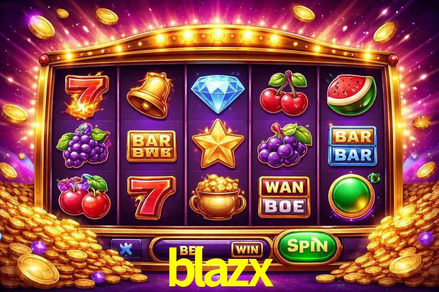 Una interfaz colorida de tragamonedas en línea con símbolos brillantes, monedas y un efecto de victoria celebratoria en blazx.