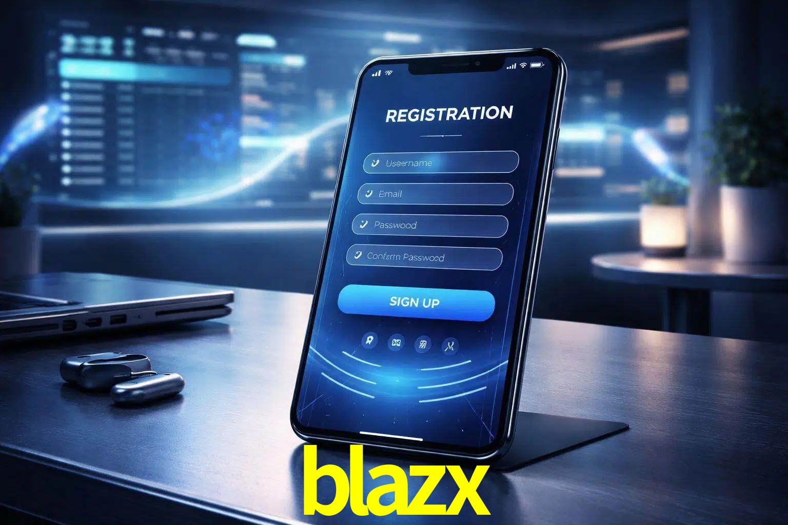 Una interfaz moderna de registro móvil para blazx mostrada en un smartphone con un panel de apuestas elegante.